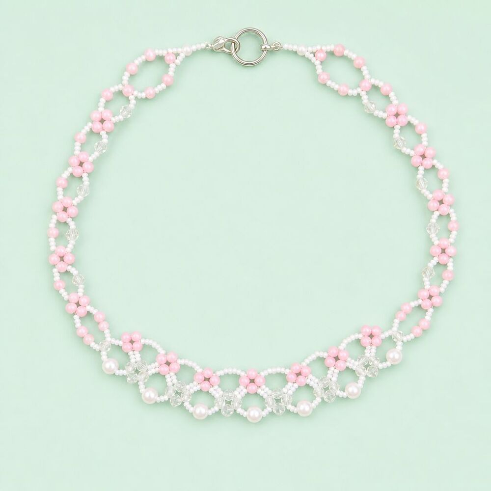 VTG Inspired Handmade Pink White Beaded Floral Flower Choker 17" Necklace Boho